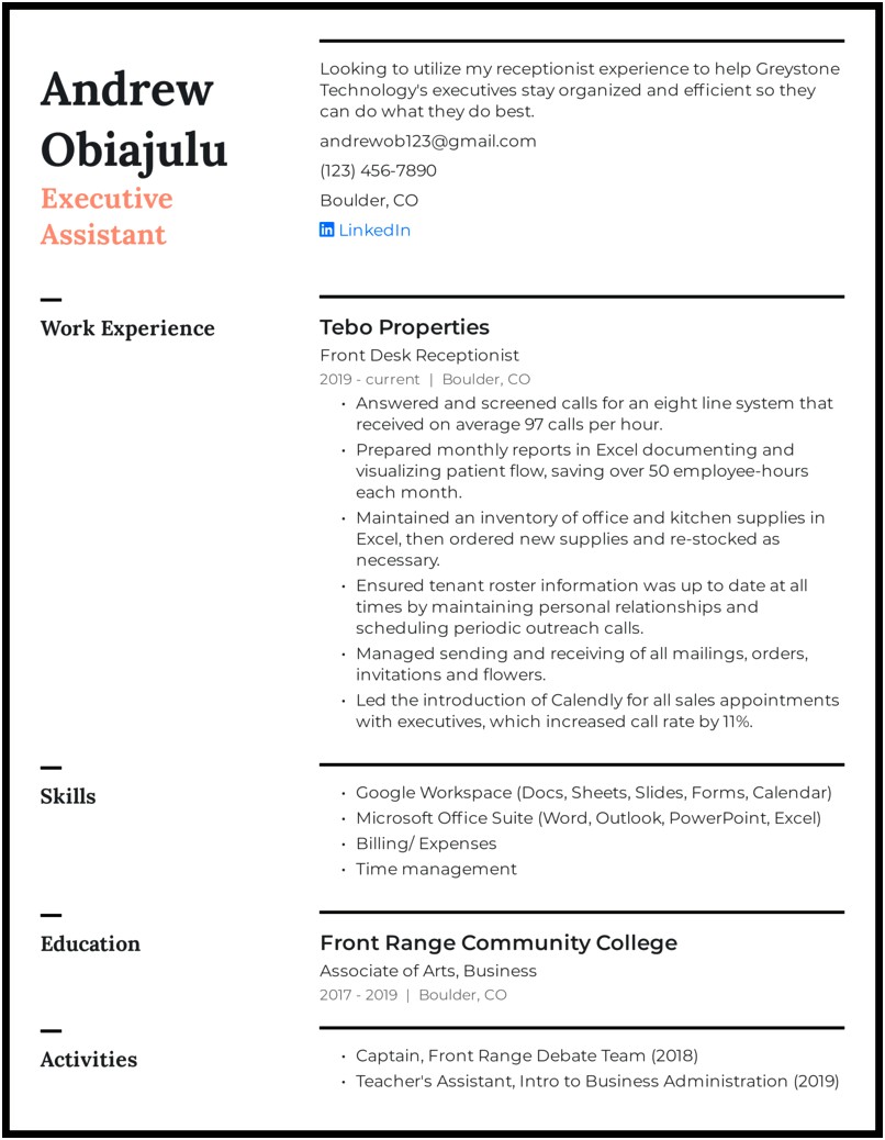 Executive Assistant To Ceo Resume Template