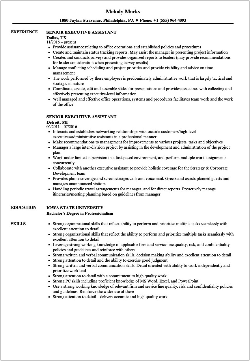 Executive Assistant To Cfo Resume Sample