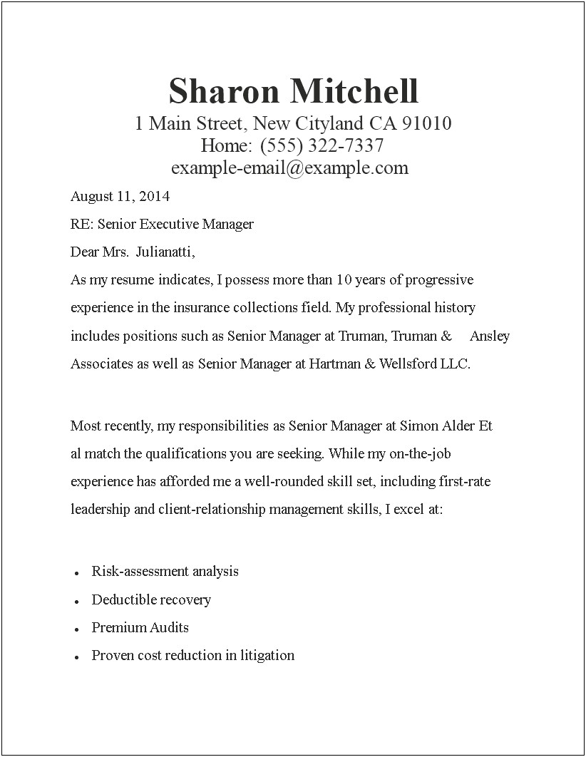 Executive Cover Letters Resume Samples