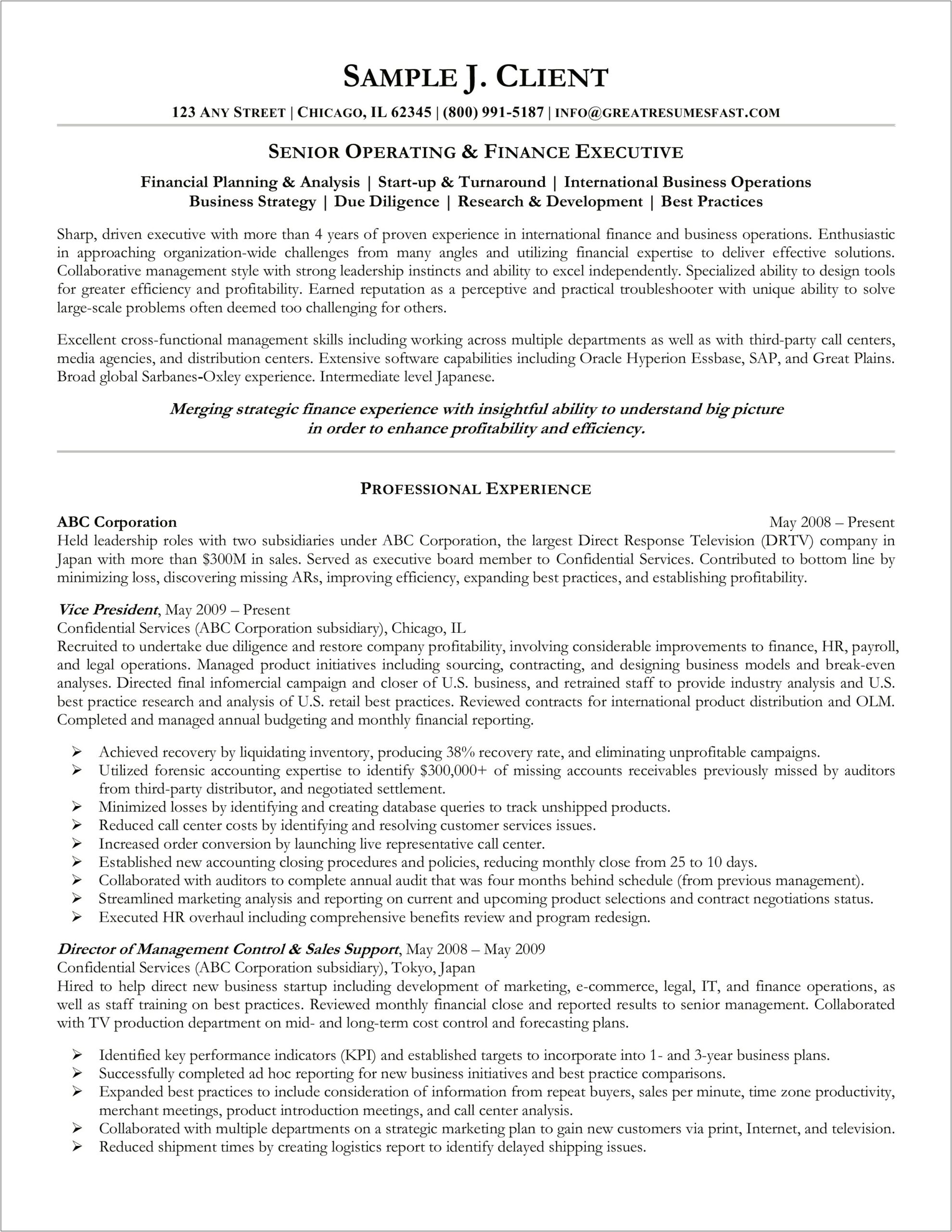 Executive Leader Resume Profile Summary For Operations