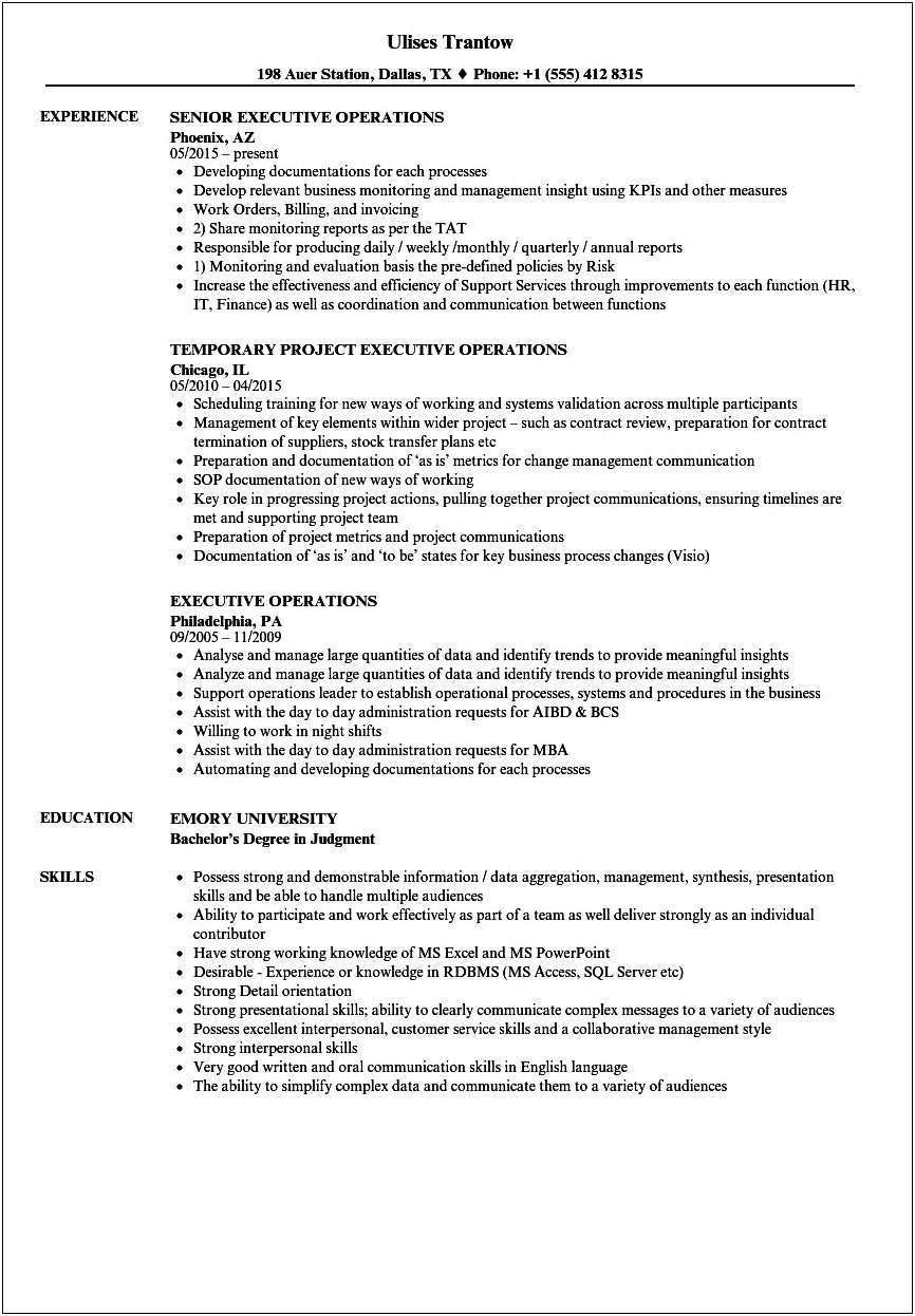 Executive Operations Manager Resume Sample