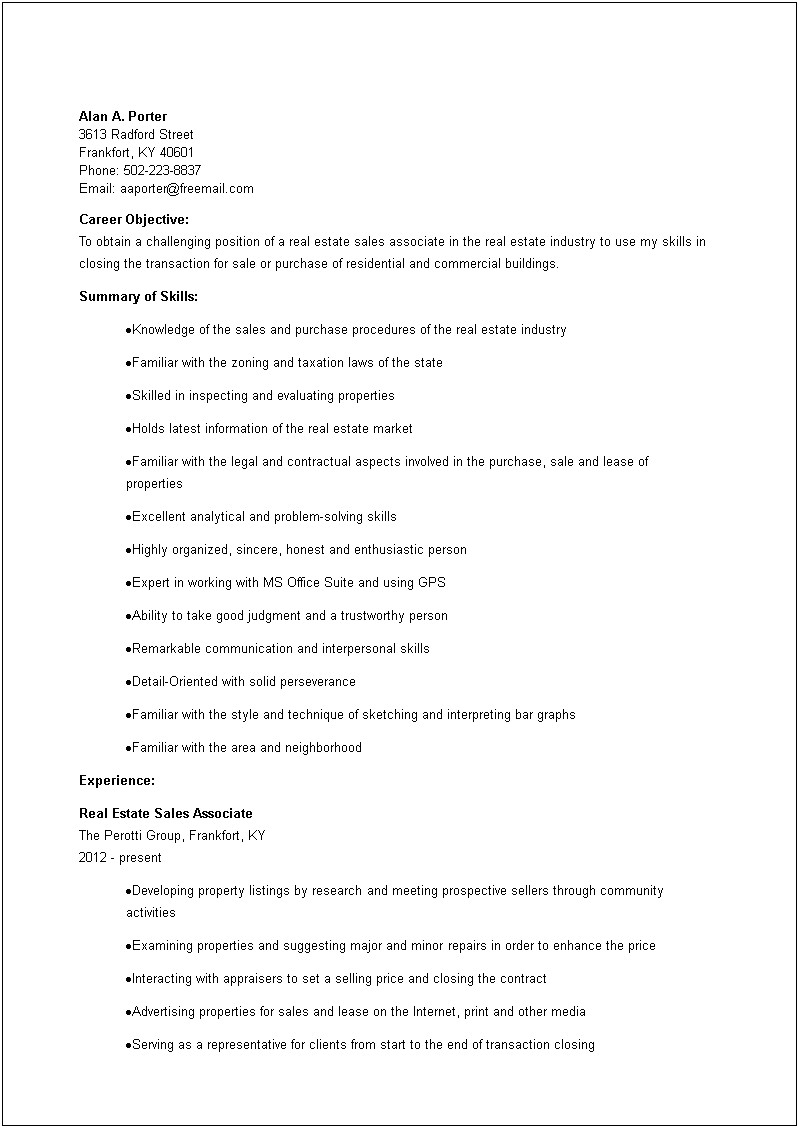 Executive Summary For Real Estate Resume