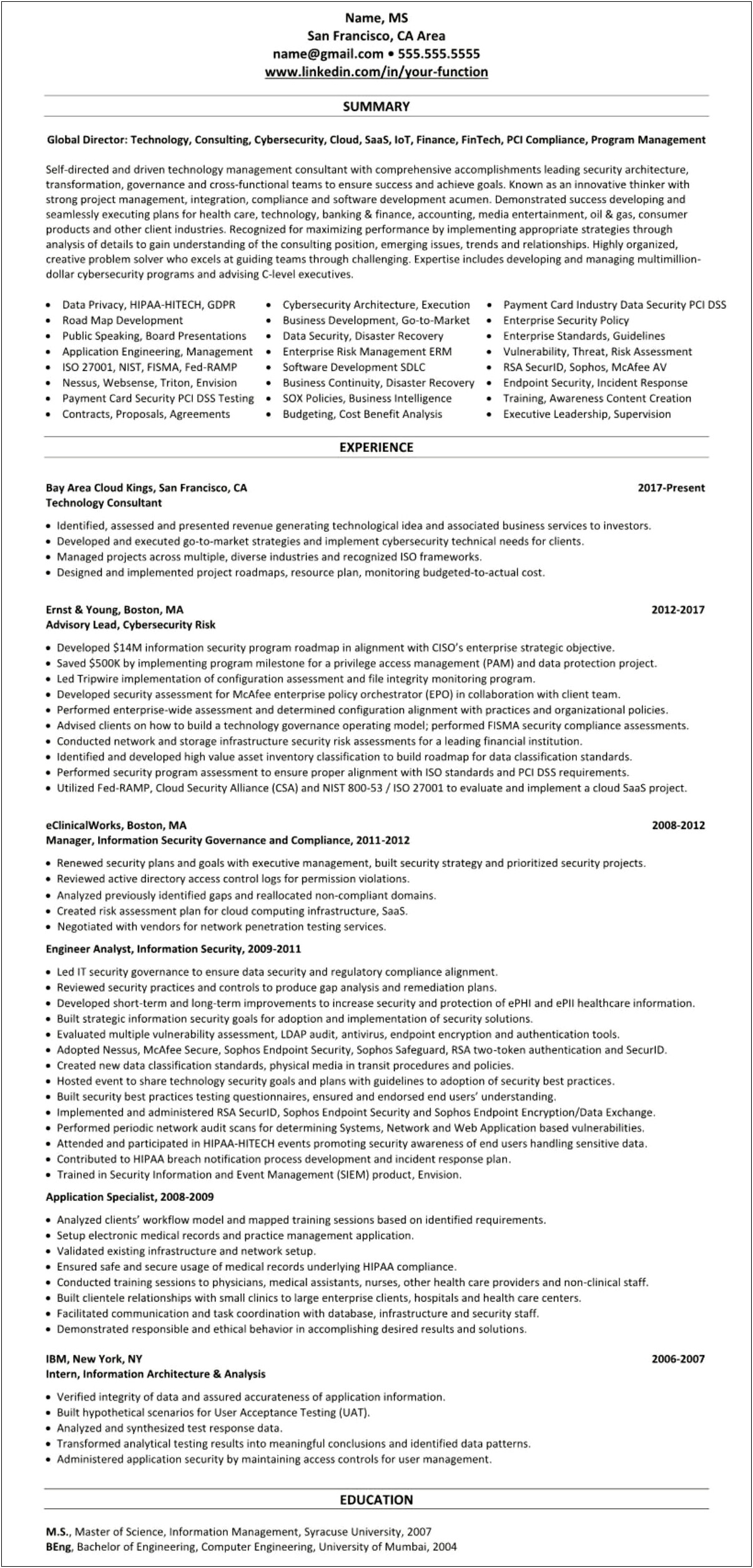 Executive Summary Of Resume For Information Security Professional