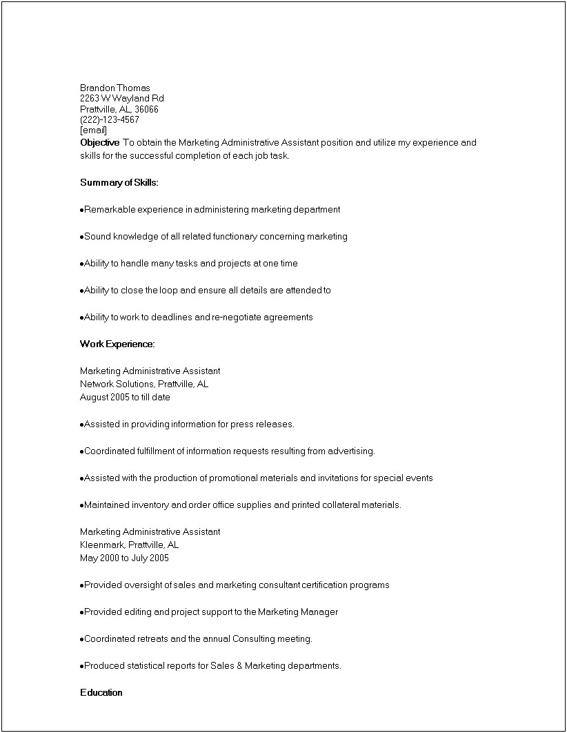 Experience And Skills Of A Administrative Assistant Resume