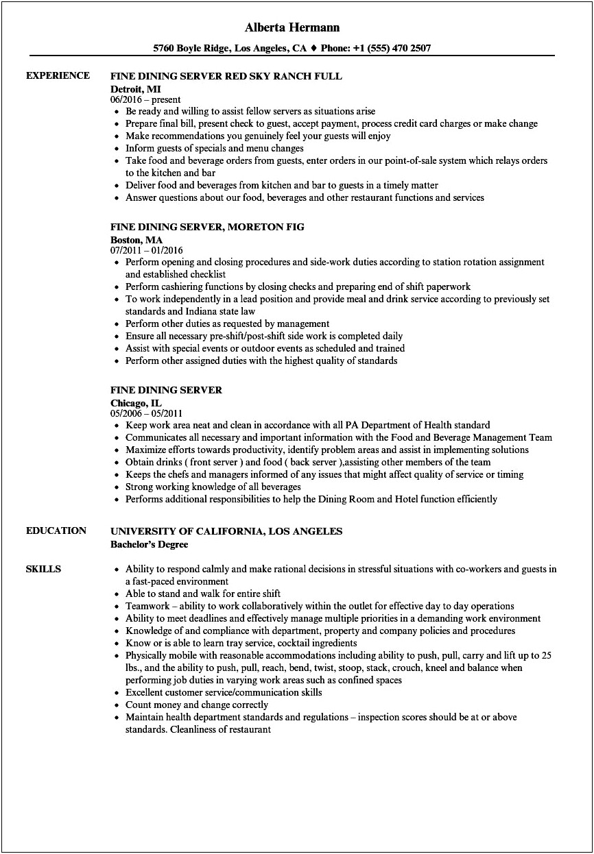 Experience As A Server On Resume