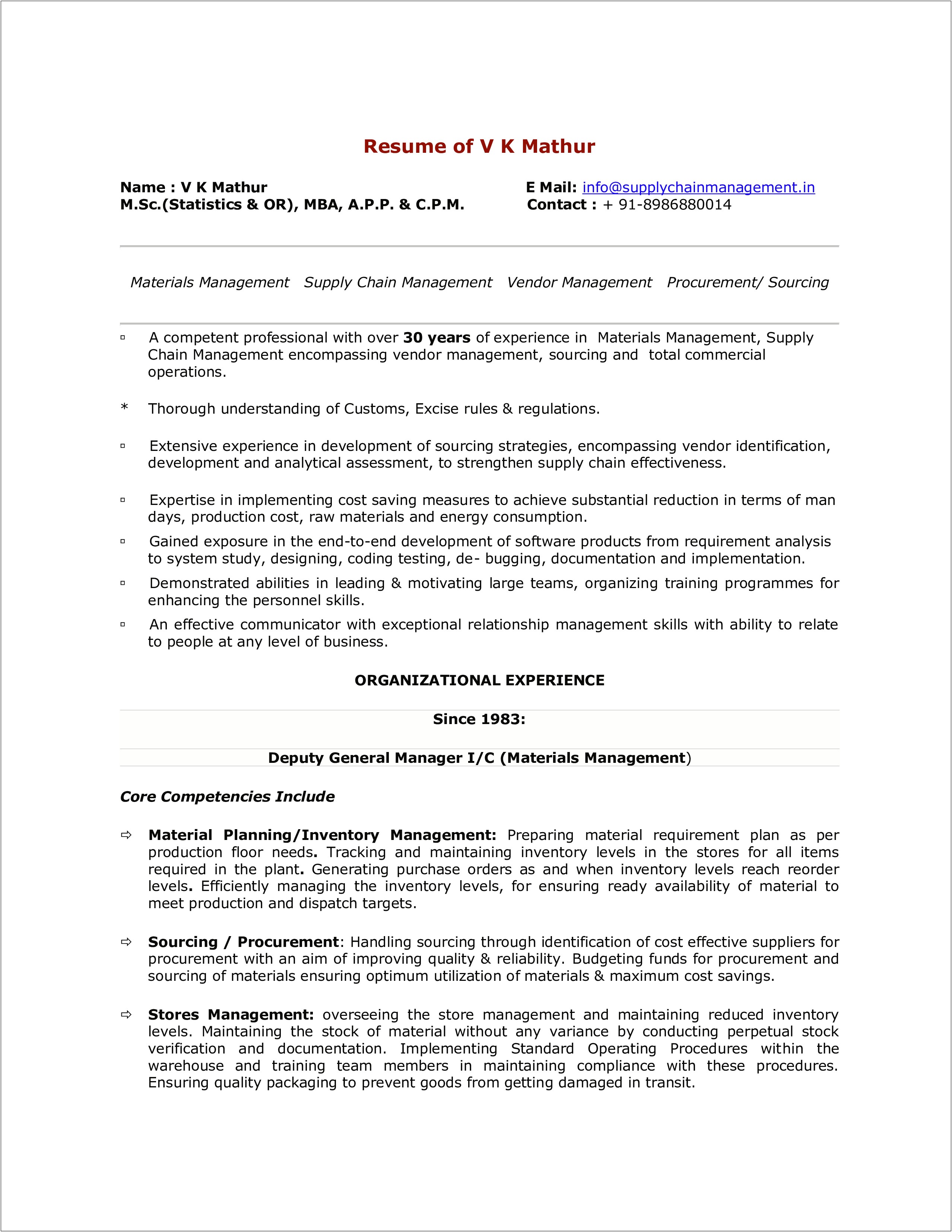 Experience For Plant Manager Resume