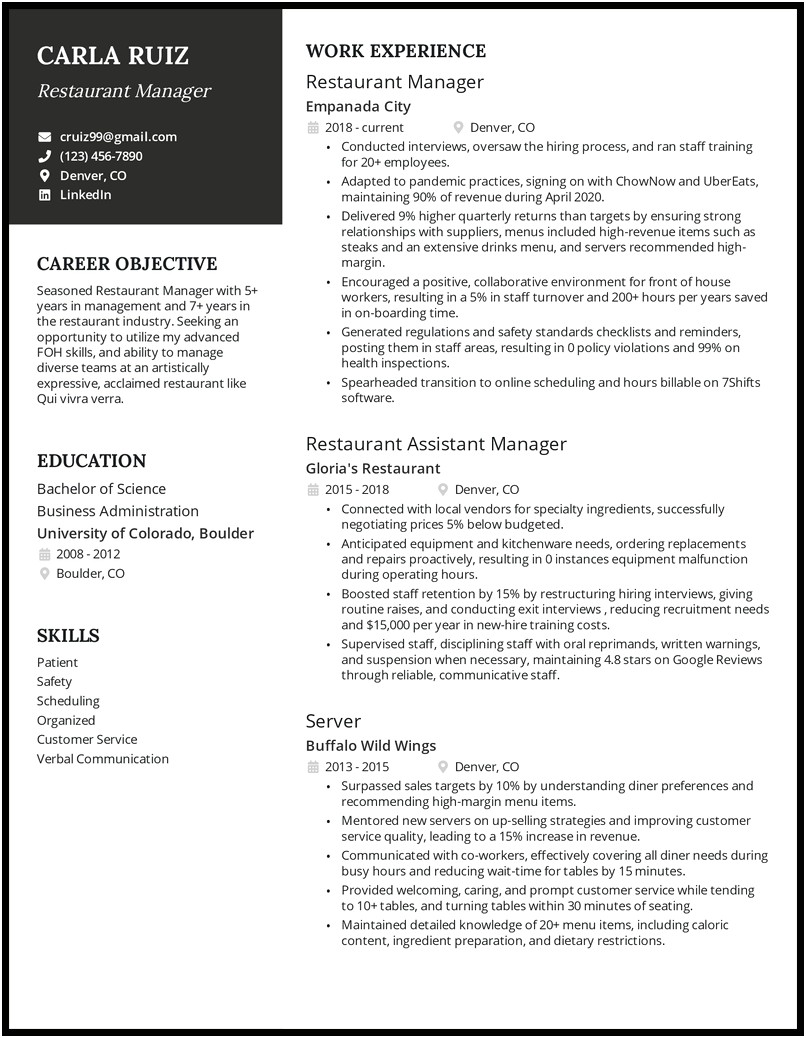 Experience For Restaurant Manager Resume