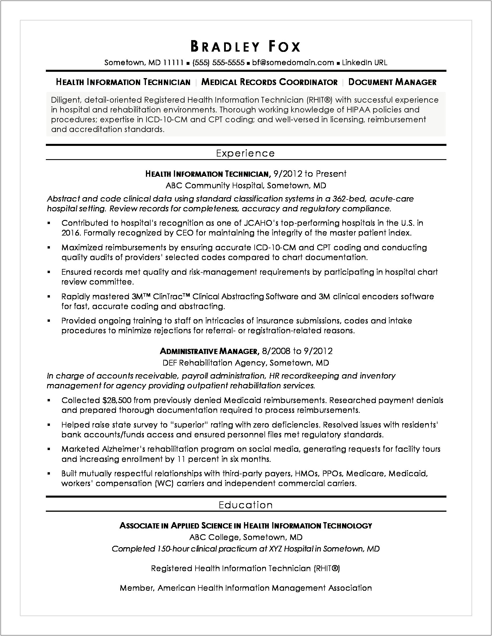 Experience Highlights For Health Management On Resume