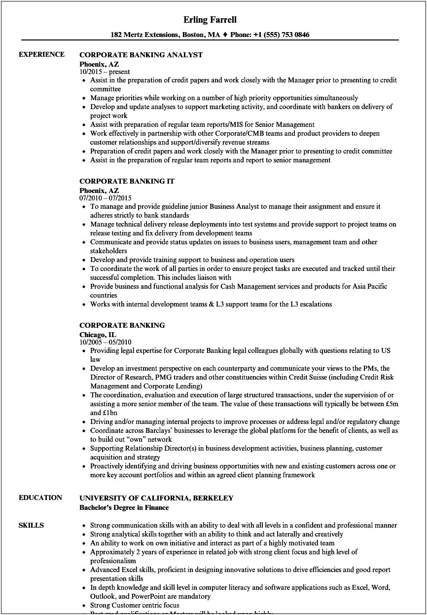 Experience In Banking Skills Resume