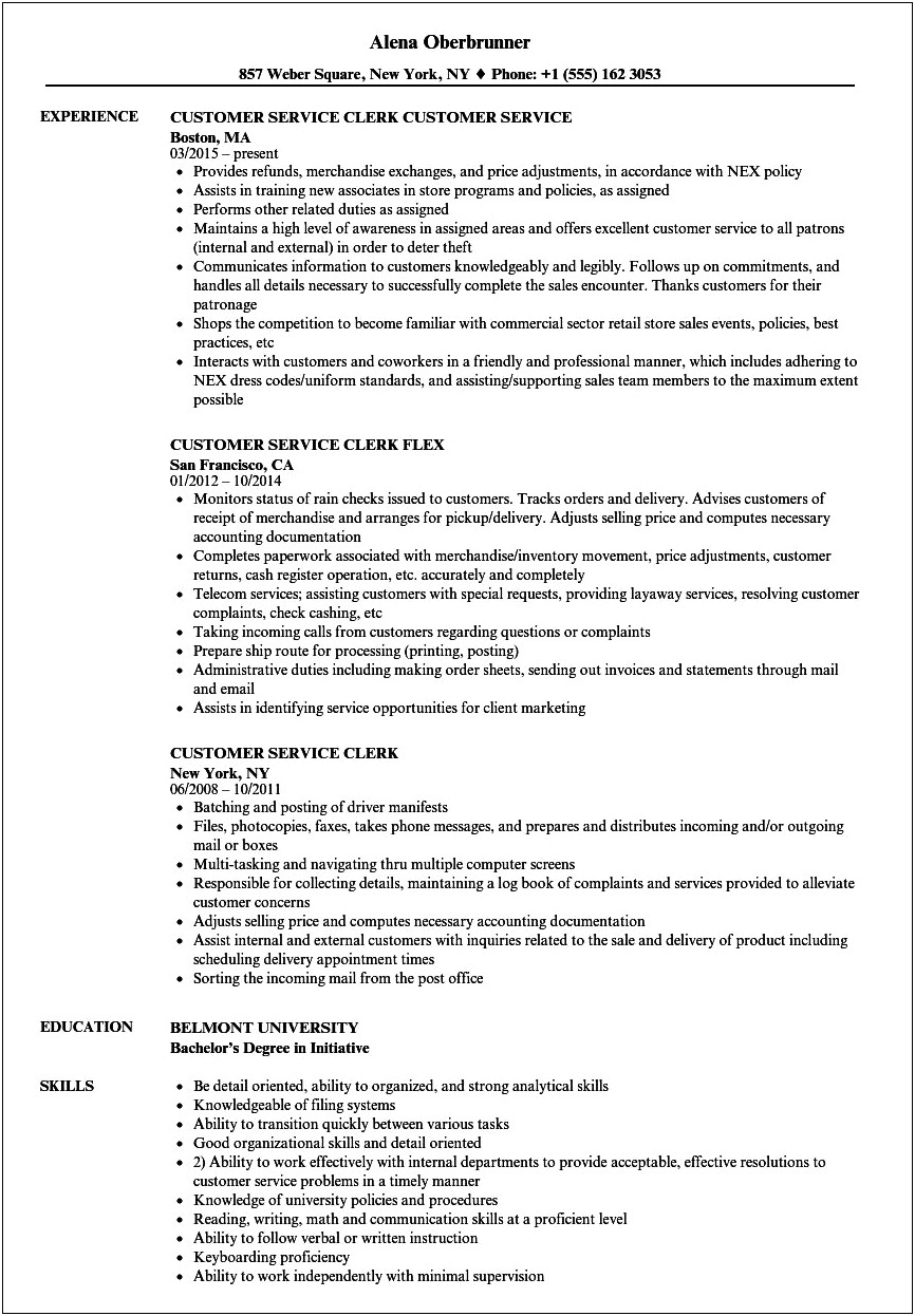 Experience In Customer Service Resume Examples