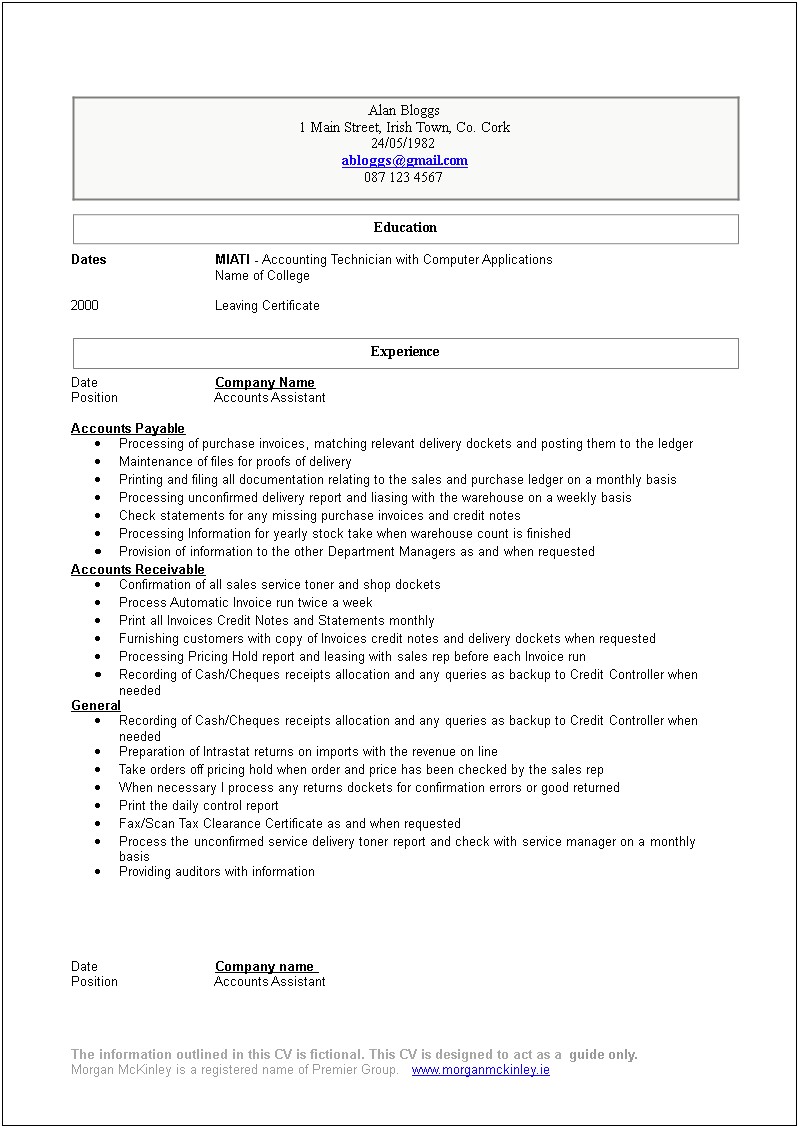 Experience Junior Accountant Sample Resume