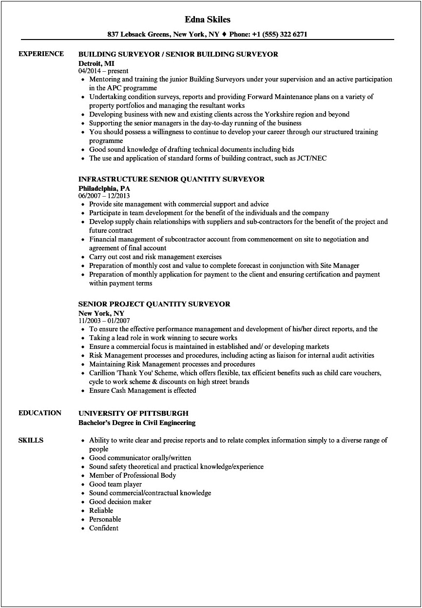 Experience Resume Format For Quantity Surveyor
