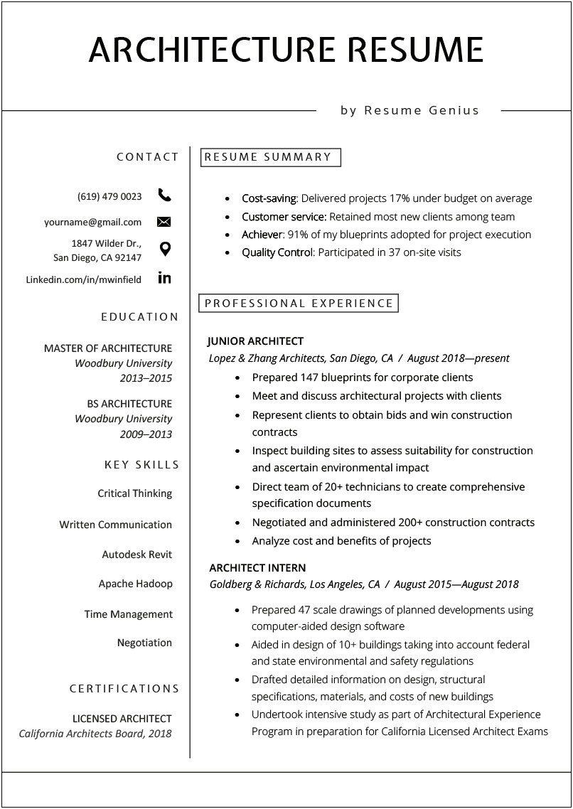 Experience S On Resume For Architecture