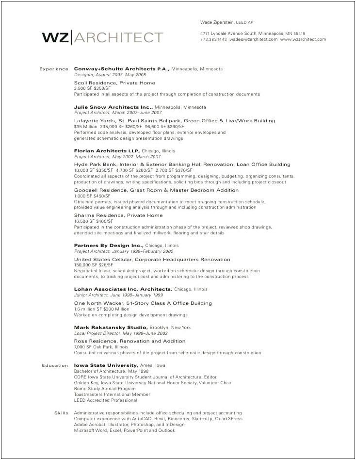 Experience Se On Resume For Architecture