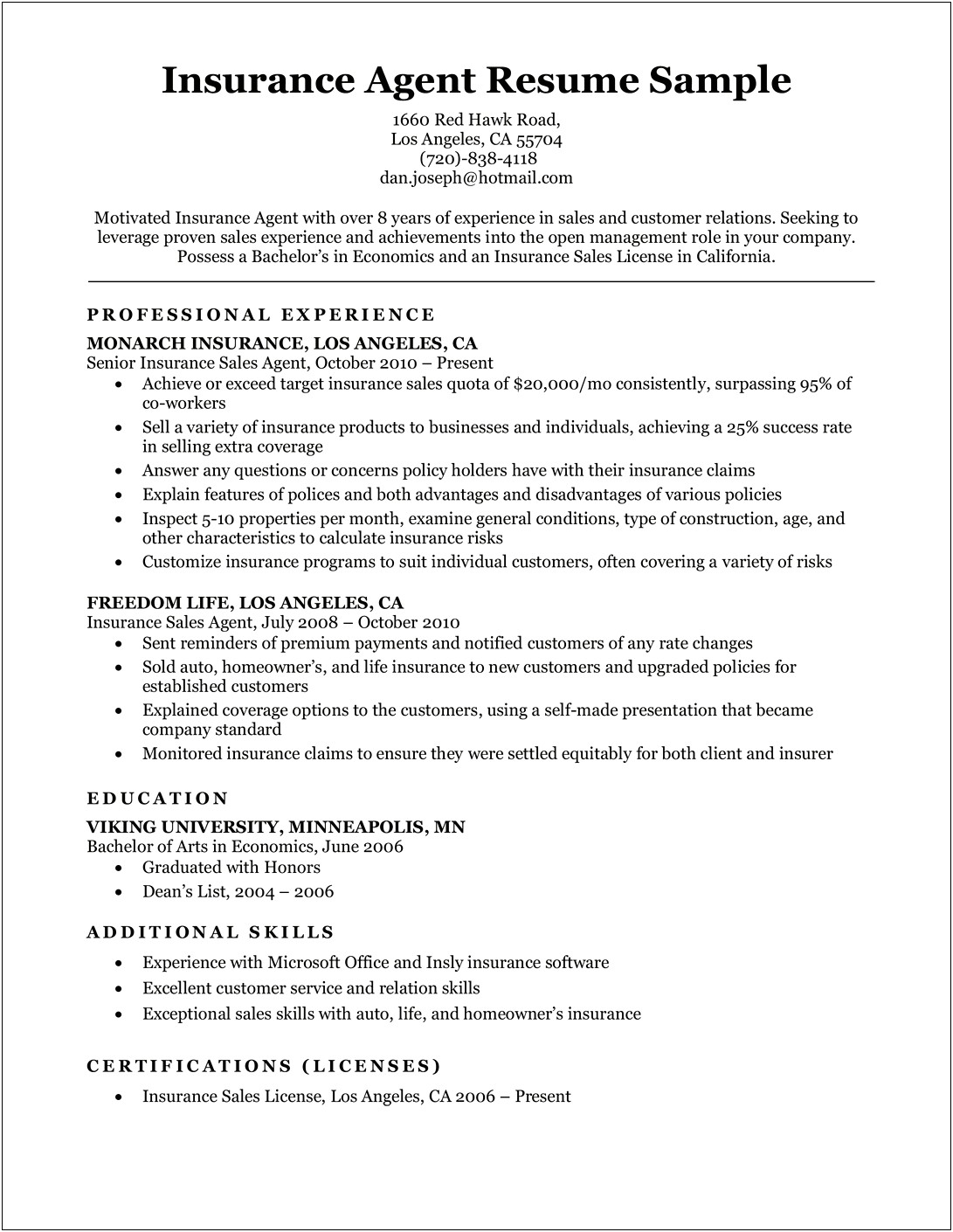 Experience Section In Resume Example