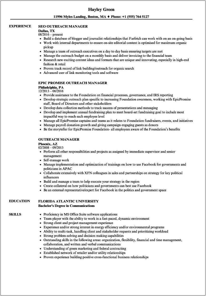 Experience With Community Outreach And Marketing Resume