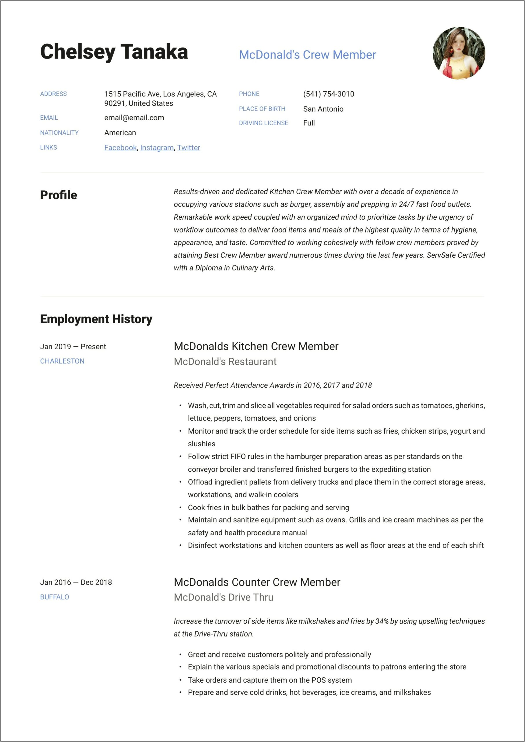 Experience With Food Mcdonald's Resume