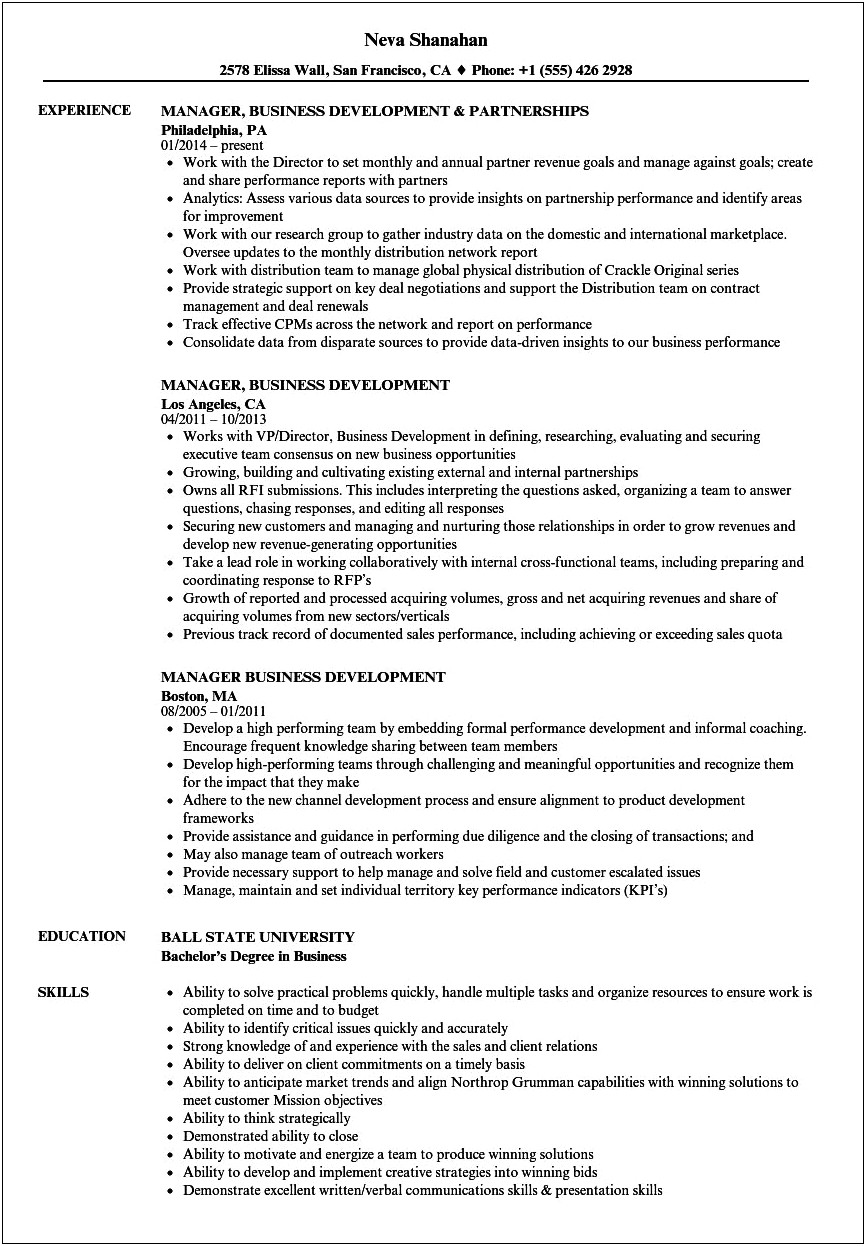 Experienced Business Development Manager Resume