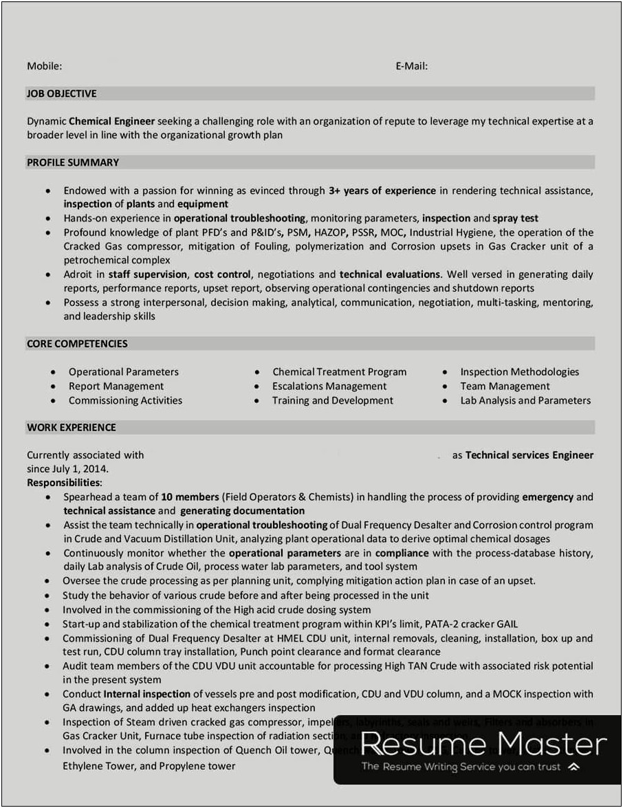 Experienced Chemical Engineer Resume Examples