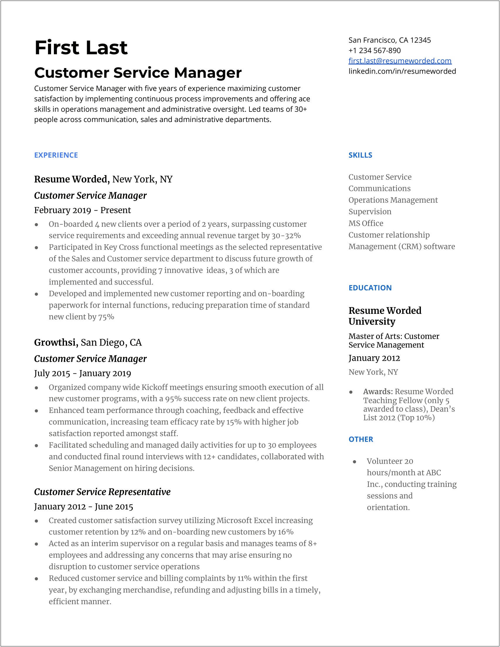 Experienced Customer Service Manager Resume