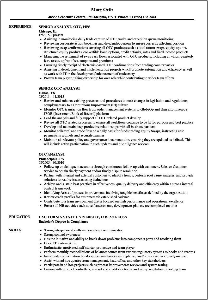 Experienced In Order To Cash Flow Resume Example