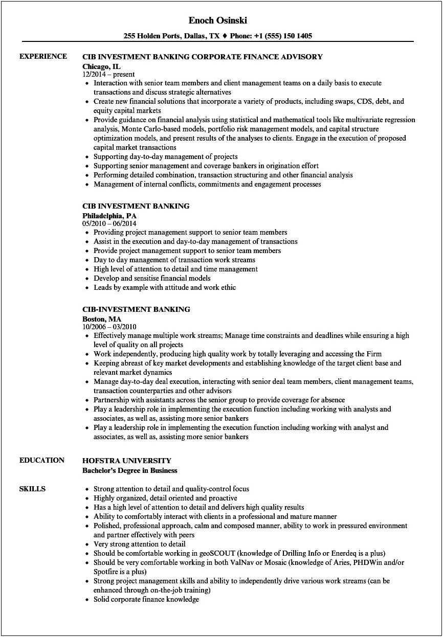Experienced Investment Banking Analyst Resume Template