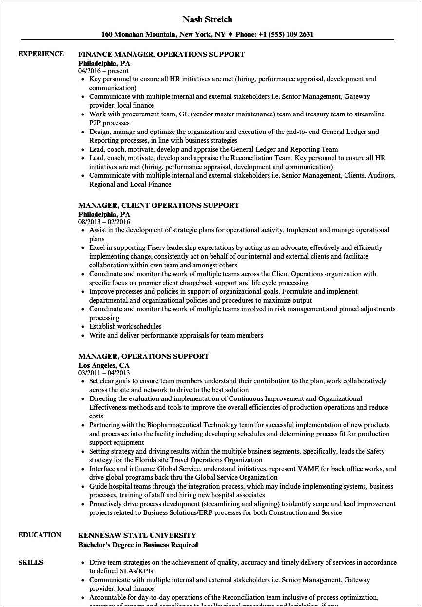 Experienced Operations Support Manager Resume