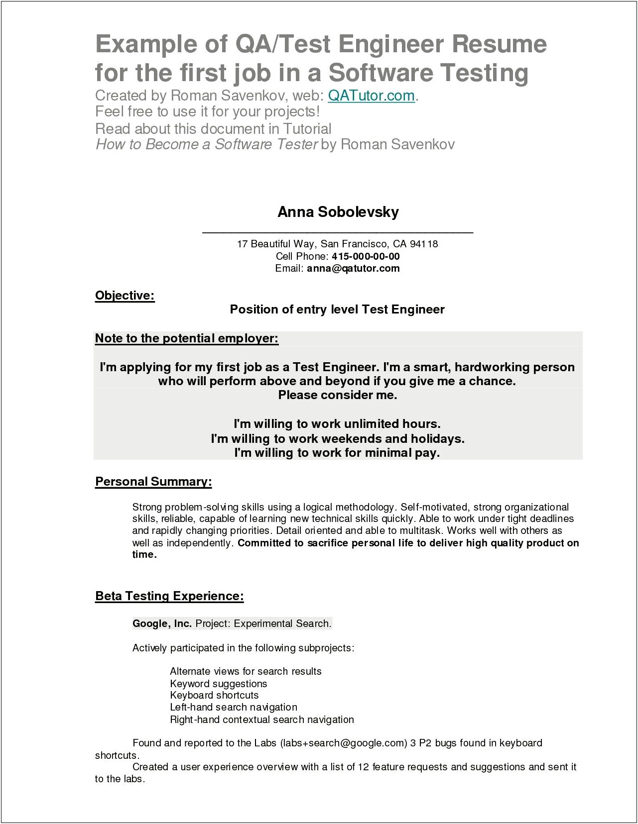 Experienced Software Tester Resume Objective