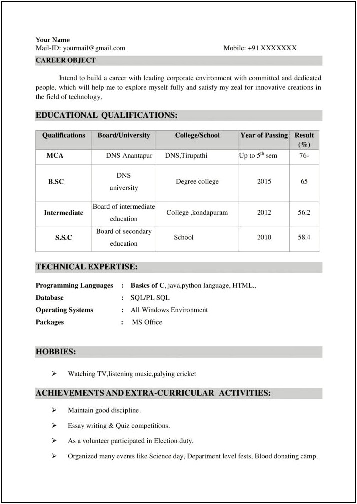 Extra Curricular Activities In Resume For Freshers Sample
