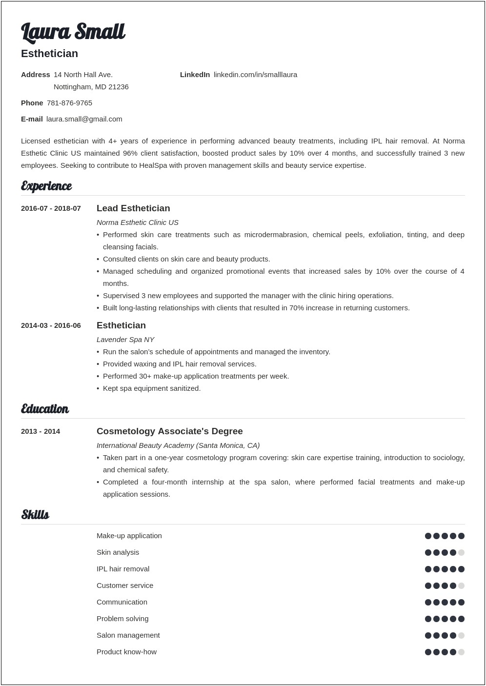 Facial Specialist Recently Graduated Resume Sample