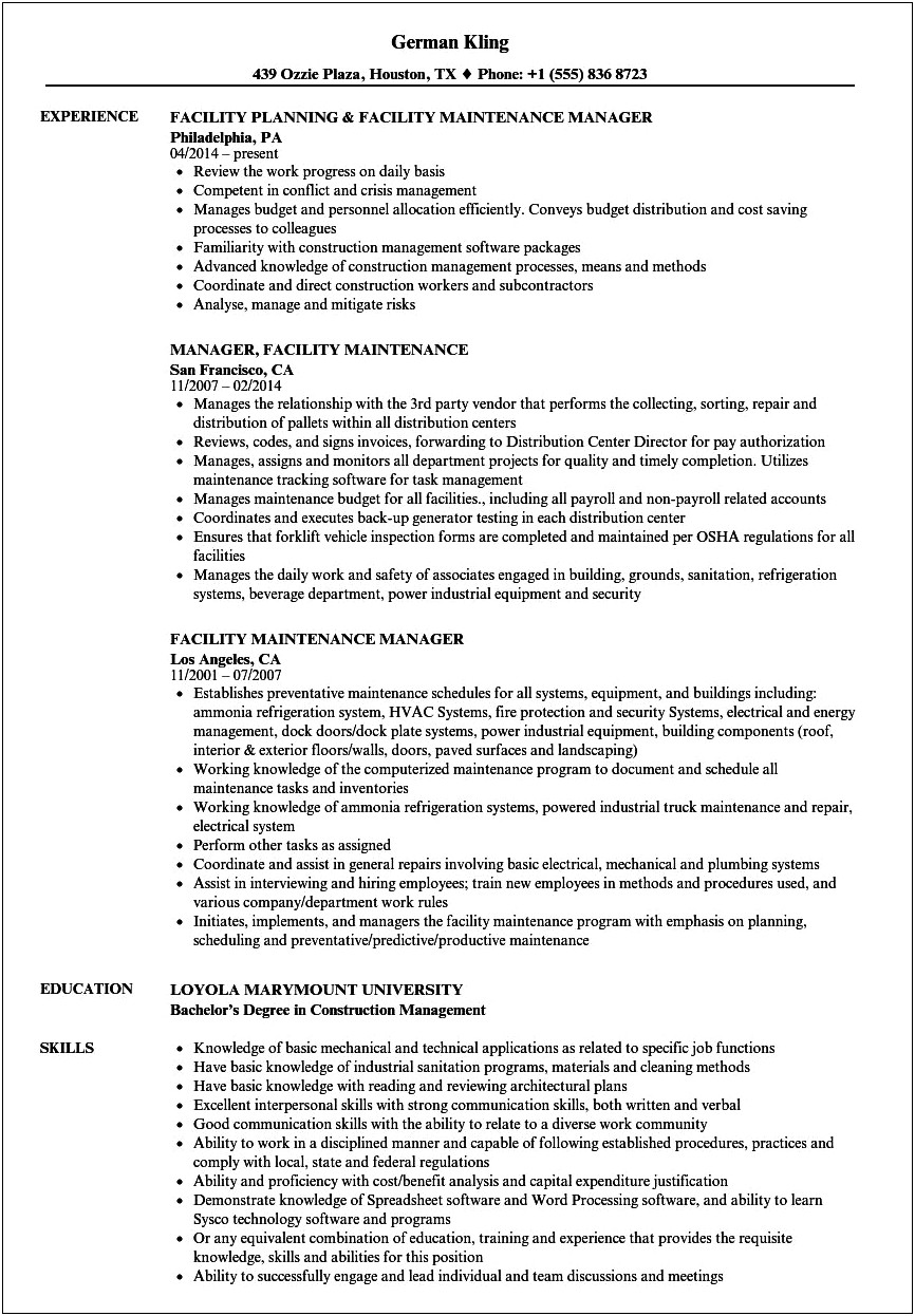 Facility Maintenance Manager Resume Examples
