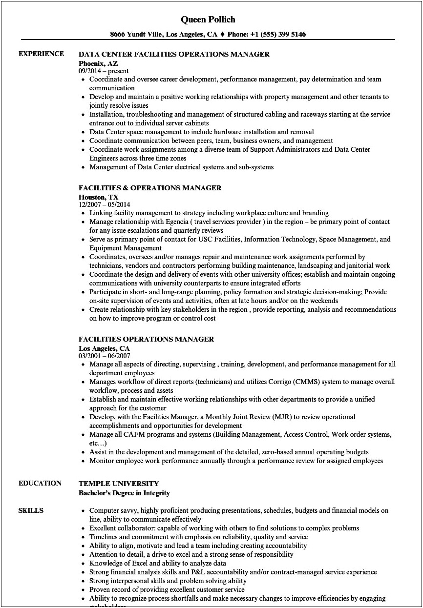 Facility Manager Duties And Responsibilities Resume