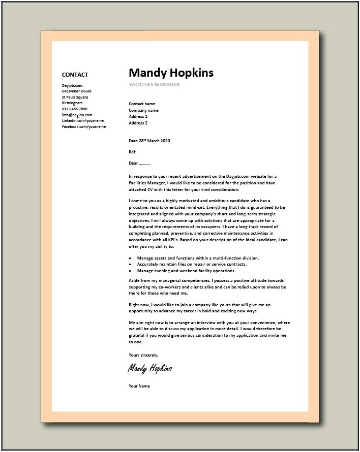Facility Manager Resume Cover Letter