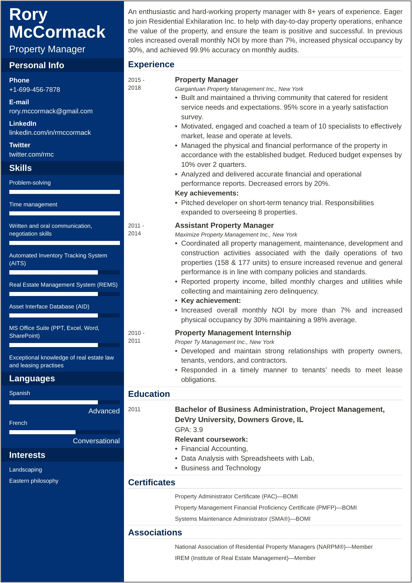 Facility Manager Resume In India