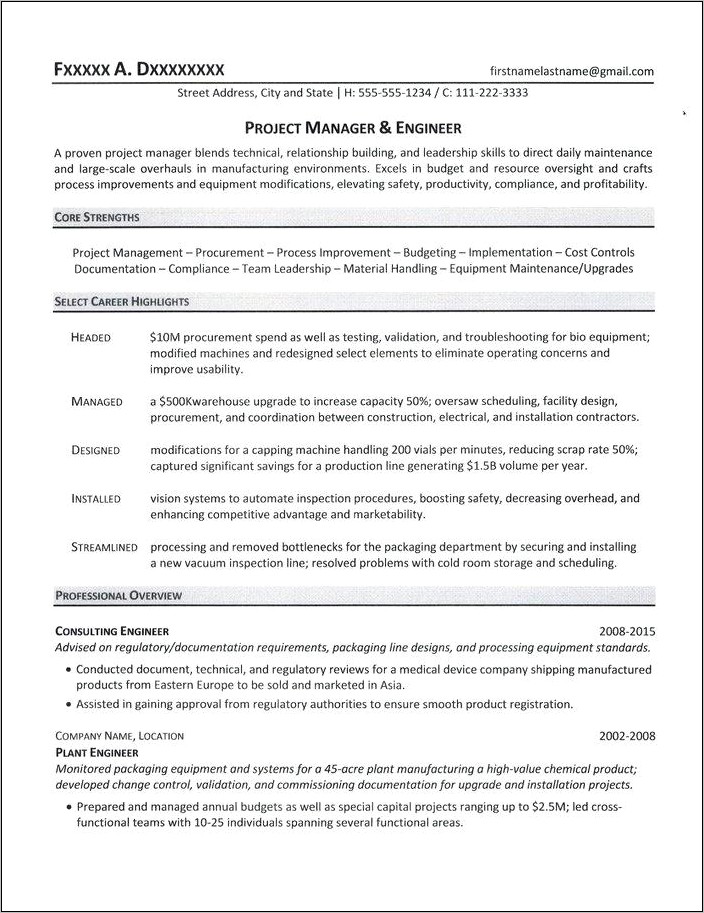 Facility Project Manager Related Resume