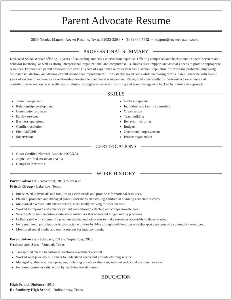 Family Advocate Resume Template For Psycological Services Program