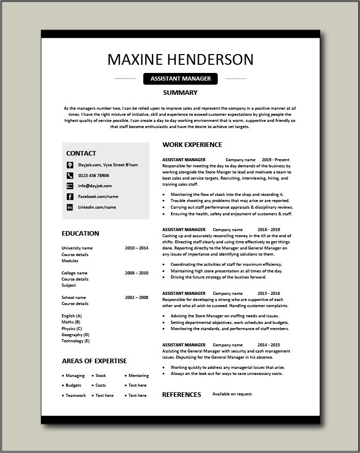 Family Dollar Assistant Manager Resume
