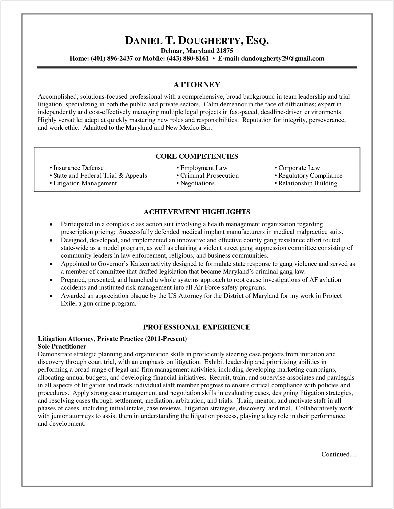 Family Law Attorney Resume Sample