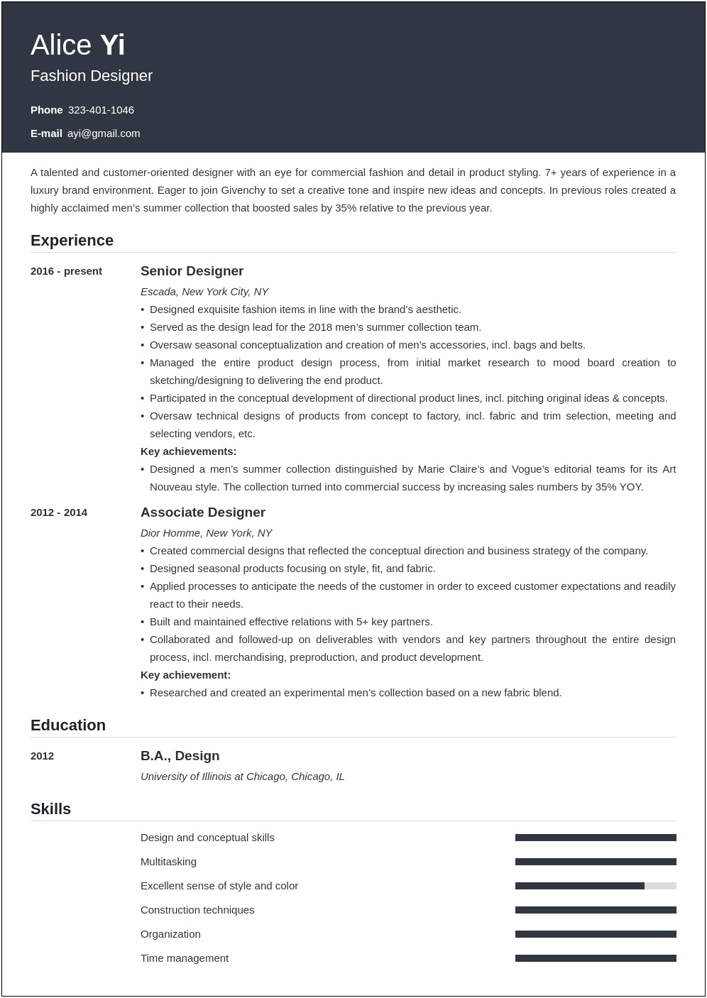 Fashion Industry Resume Objective Examples