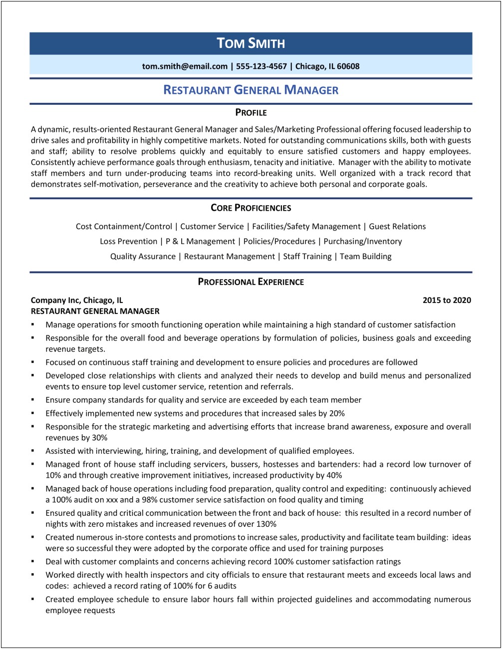 Fast Food Area Manager Resume