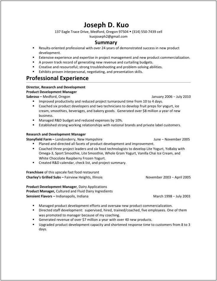 Fast Food Management Experience Resume
