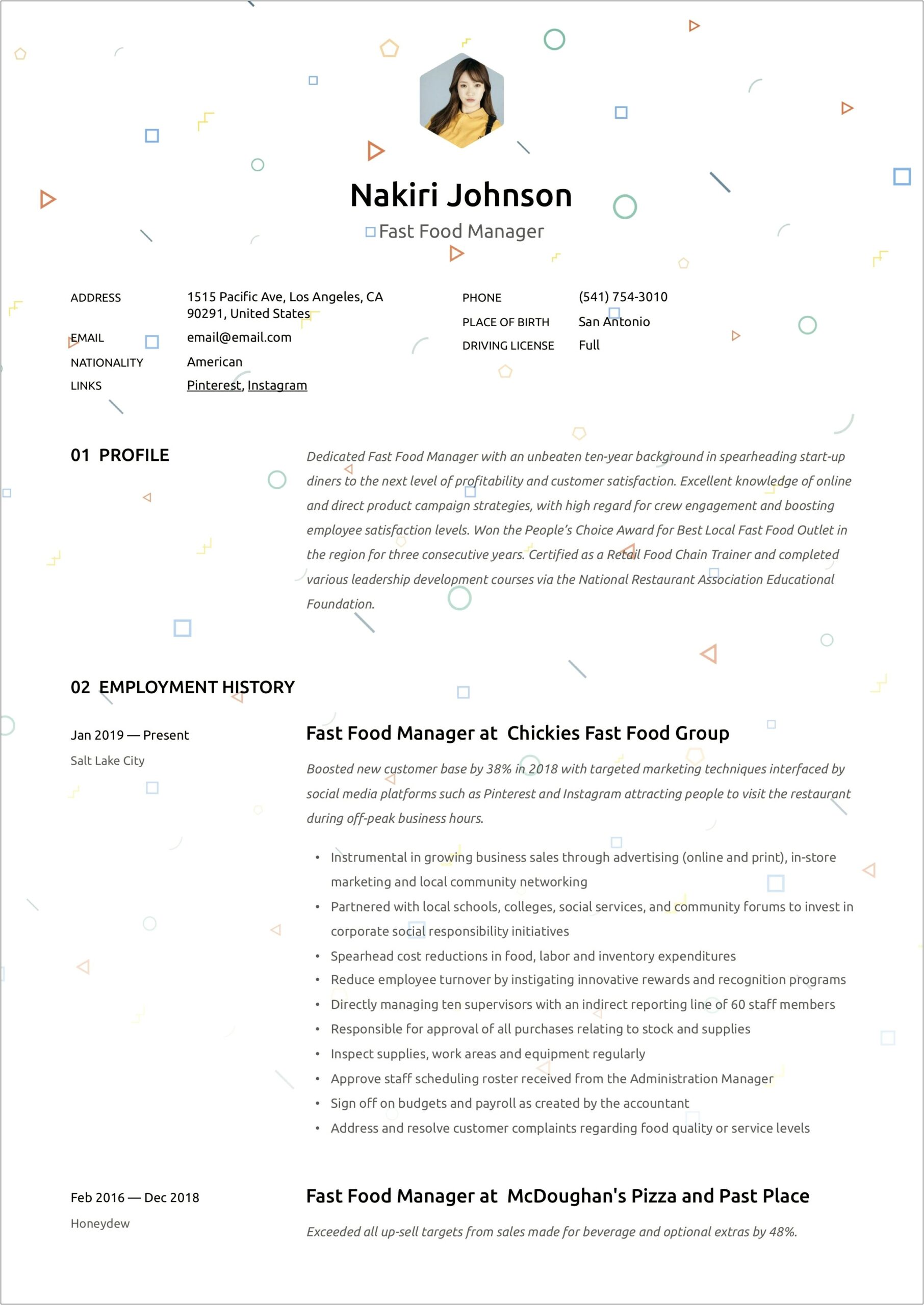 Fast Food Manager Resume Examples