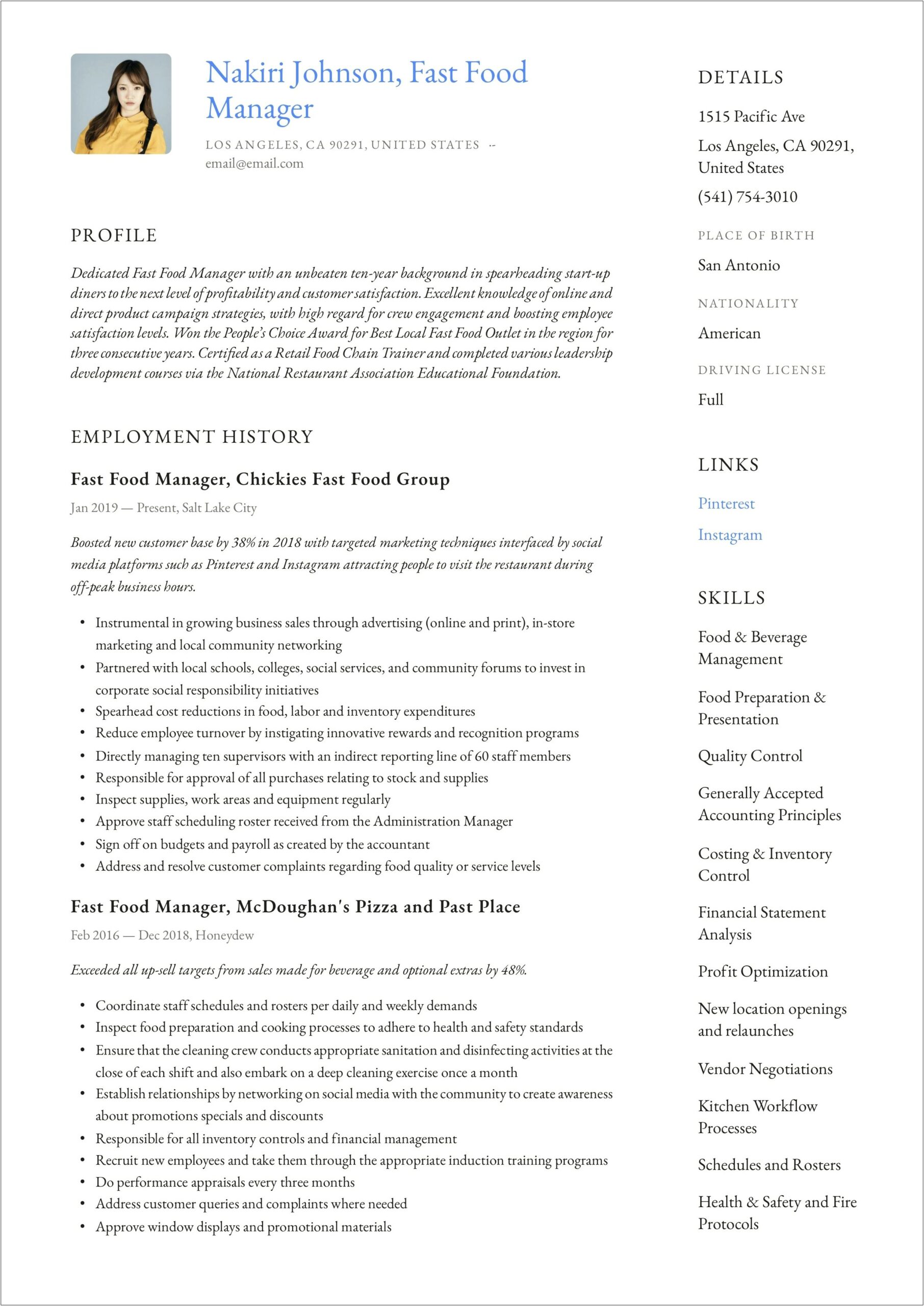 Fast Food Resume Objective Examples