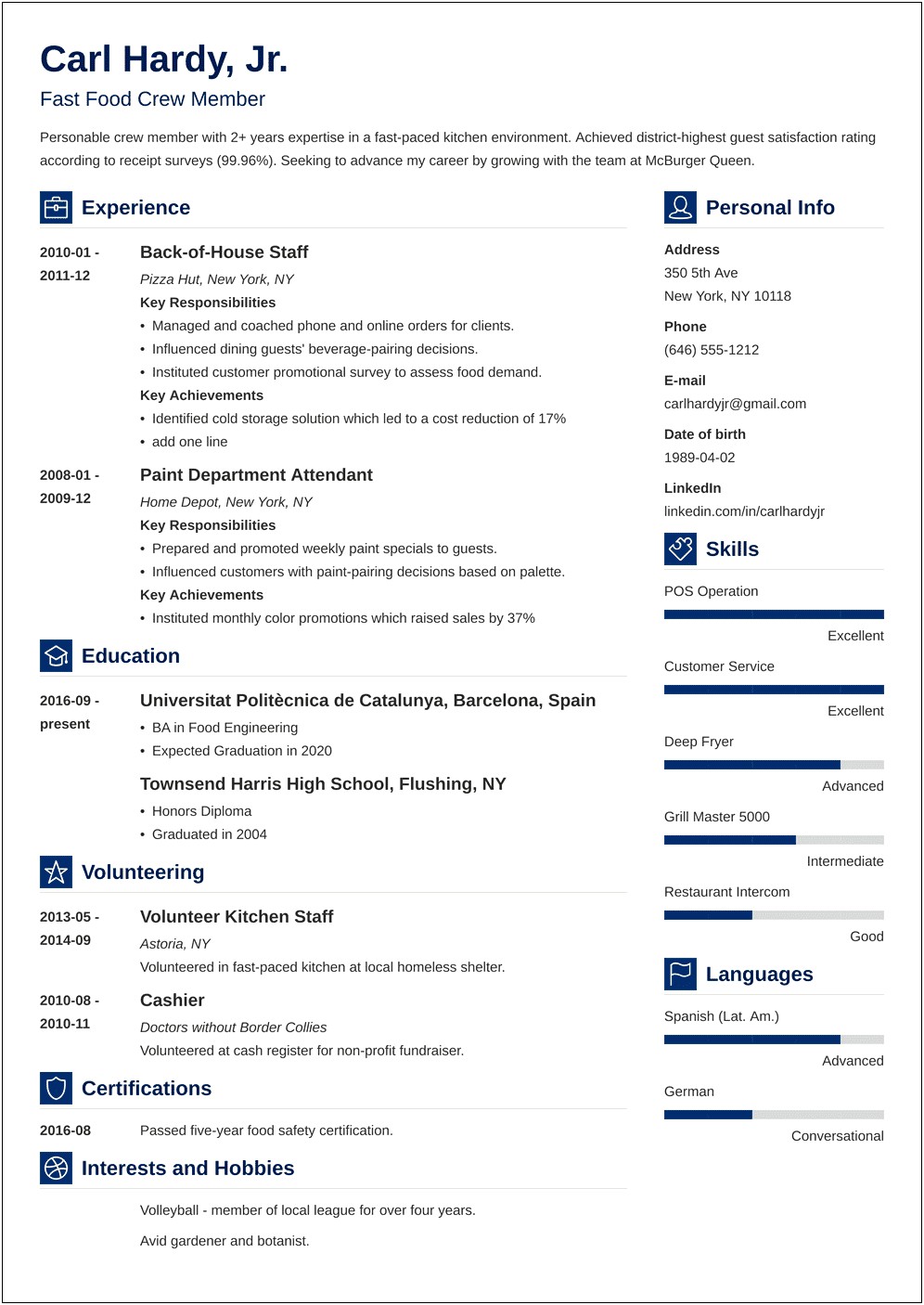 Fast Food Resume Sample With Experience