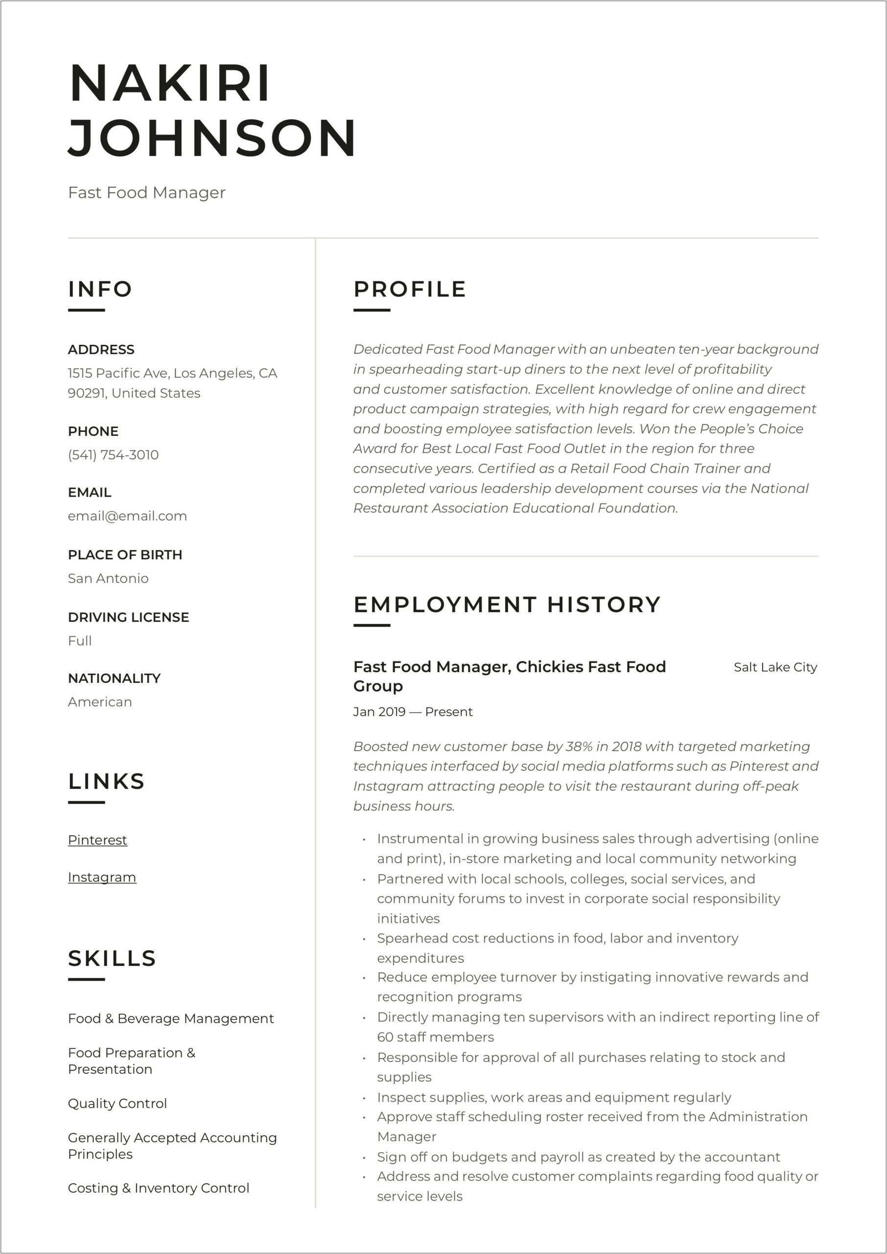 Fast Food Shift Manager Resume