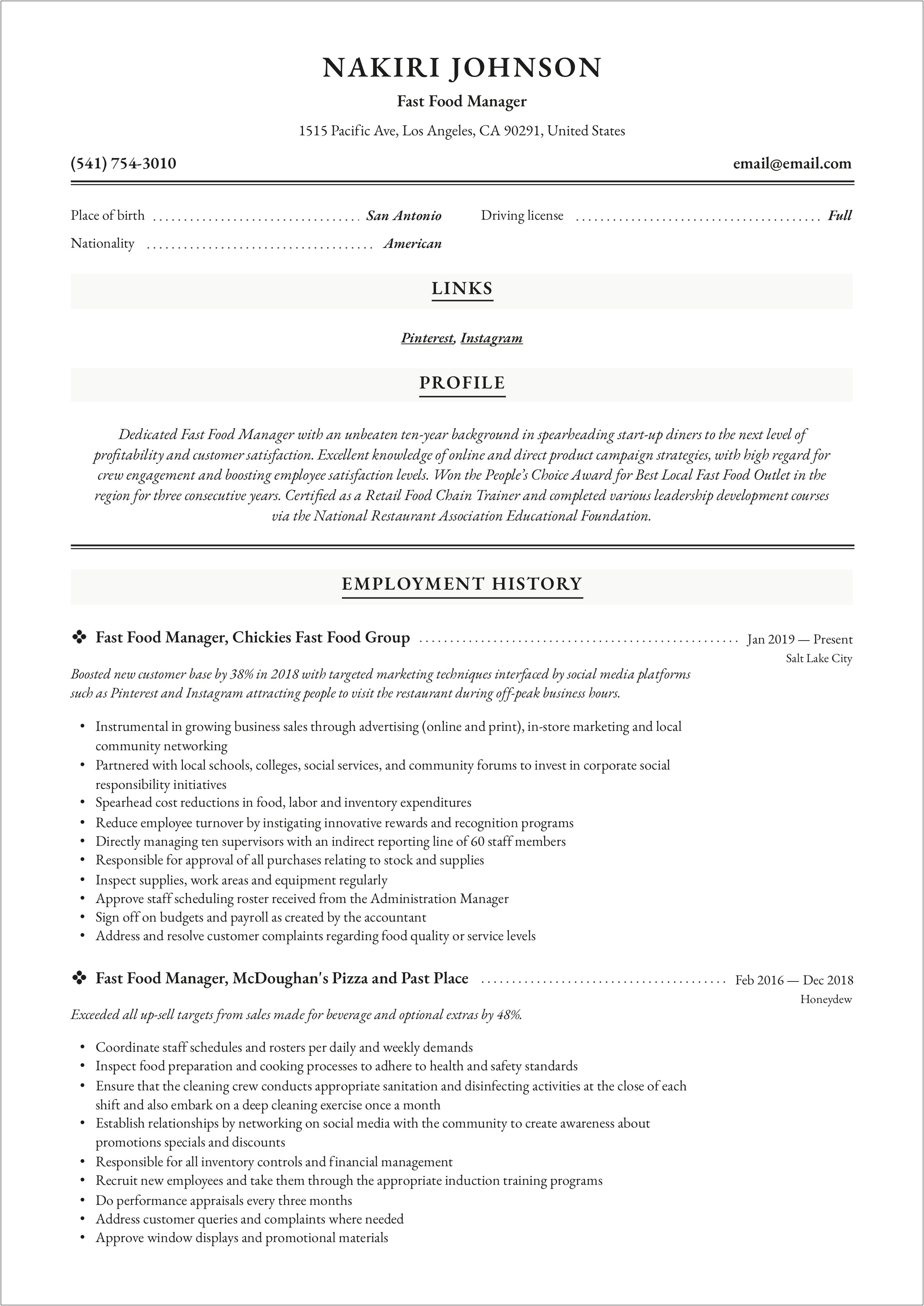 Fast Food Store Manager Resume