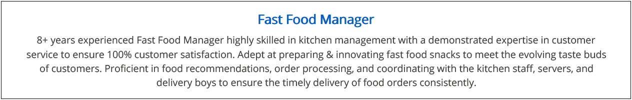 Fast Food Summary Resume Sample