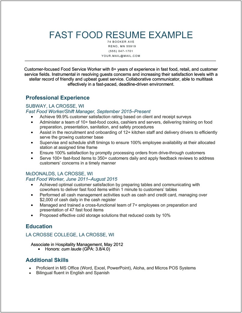 Fast Food Supervisor Job Description For Resume