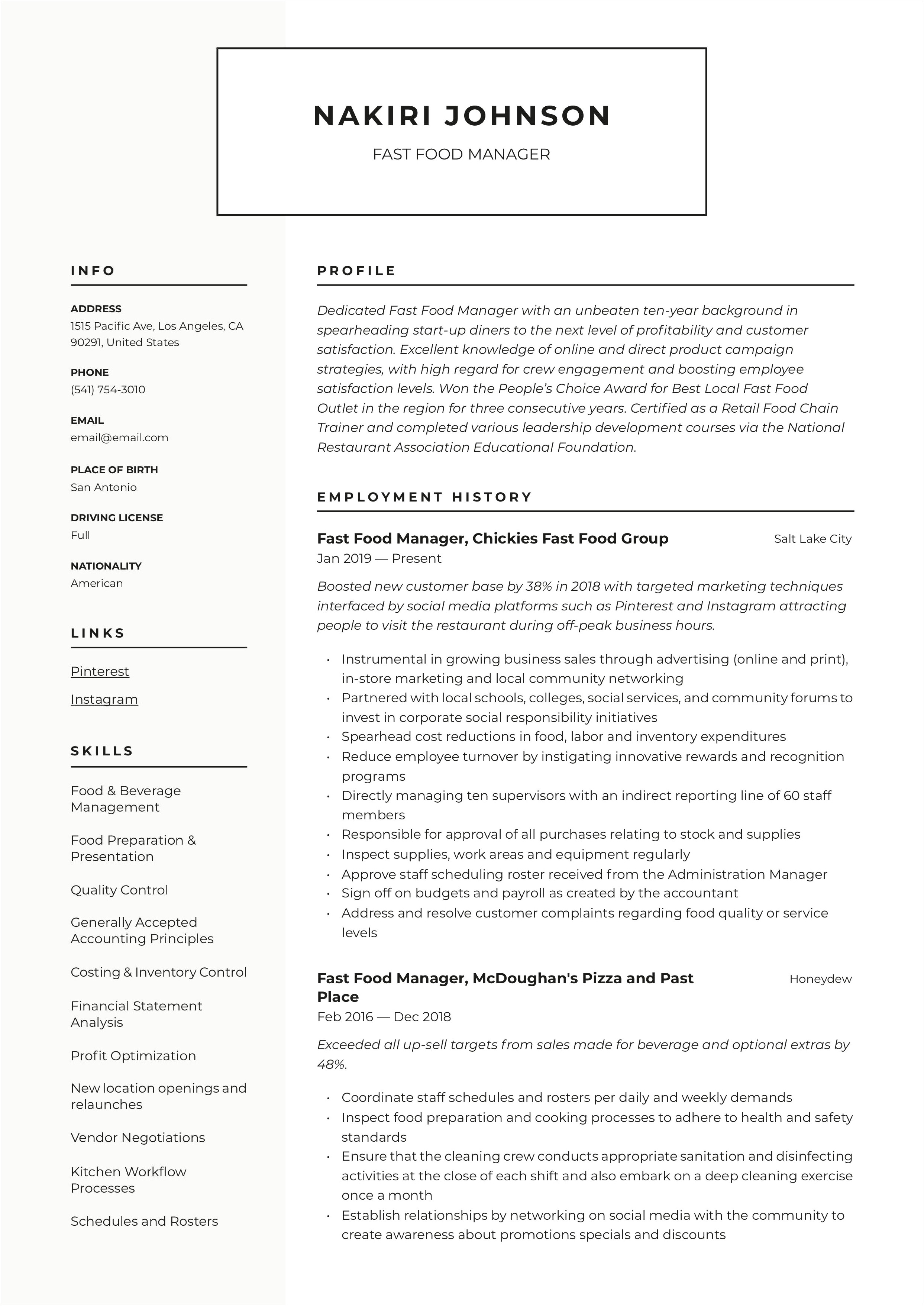 Fast Food Supervisor Job Description Resume