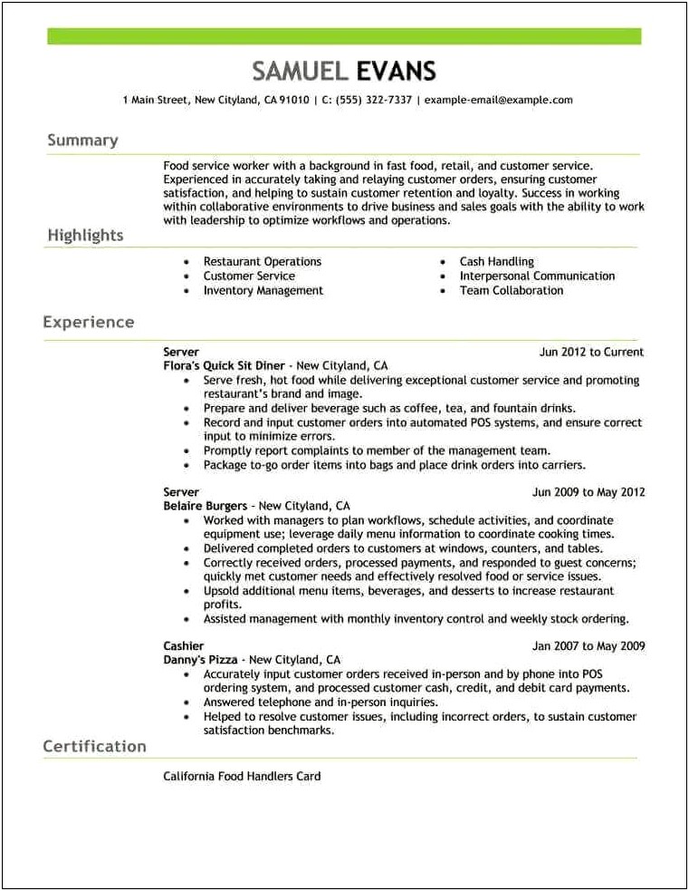 Fast Food Worker Job Description Resume